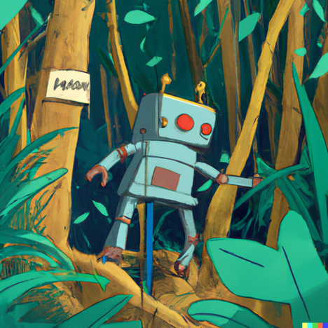 A cartoon robot in the jungle moving foliage out of the way so that it can continue to walk forward