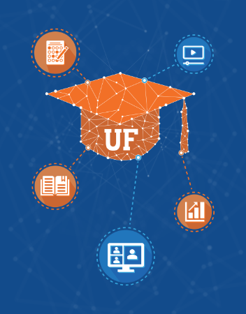 network of student data points such as eBooks, exams, and video metrics connected to a UF graduation cap